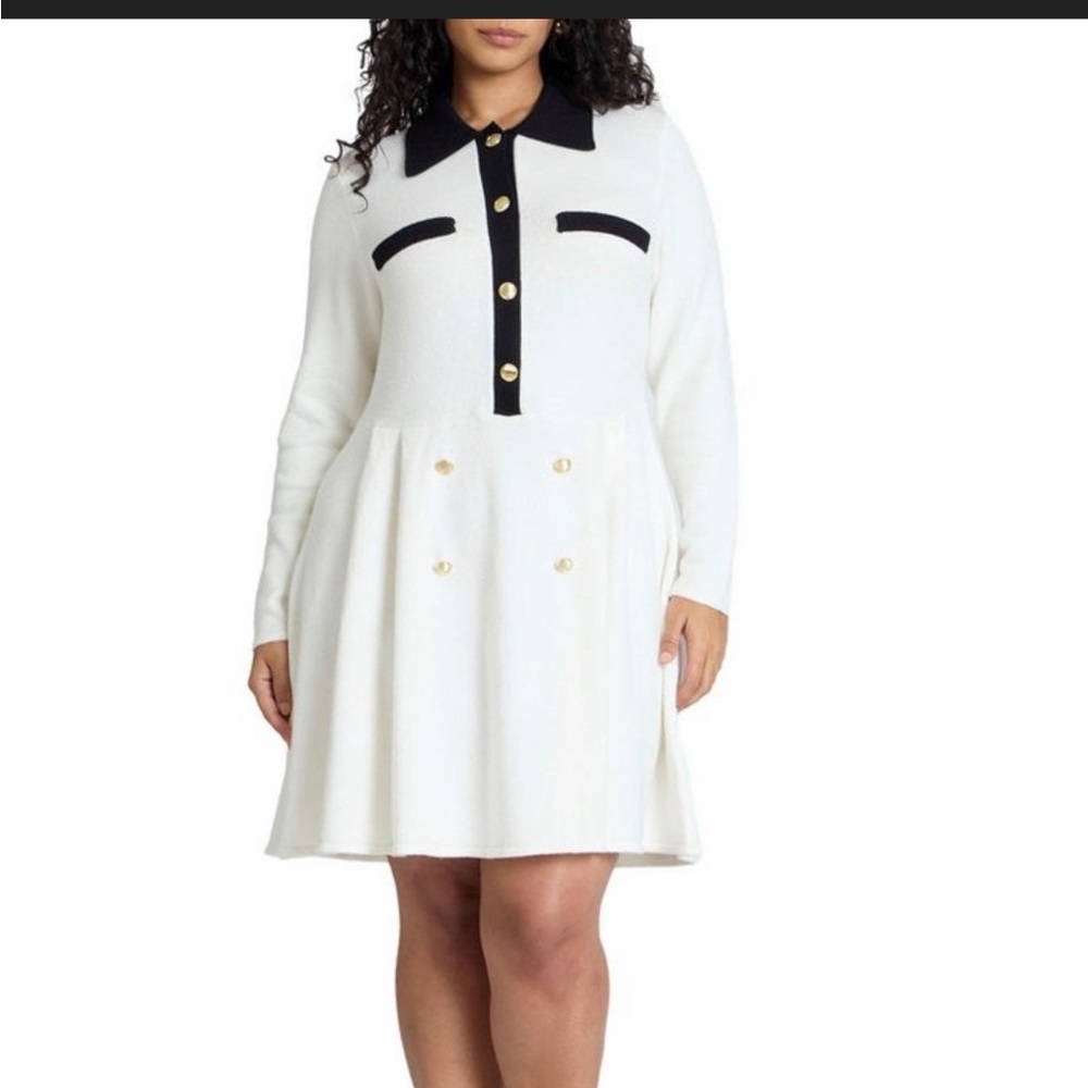 ELOQUII White and Black Long Sleeve Sweater Dress
